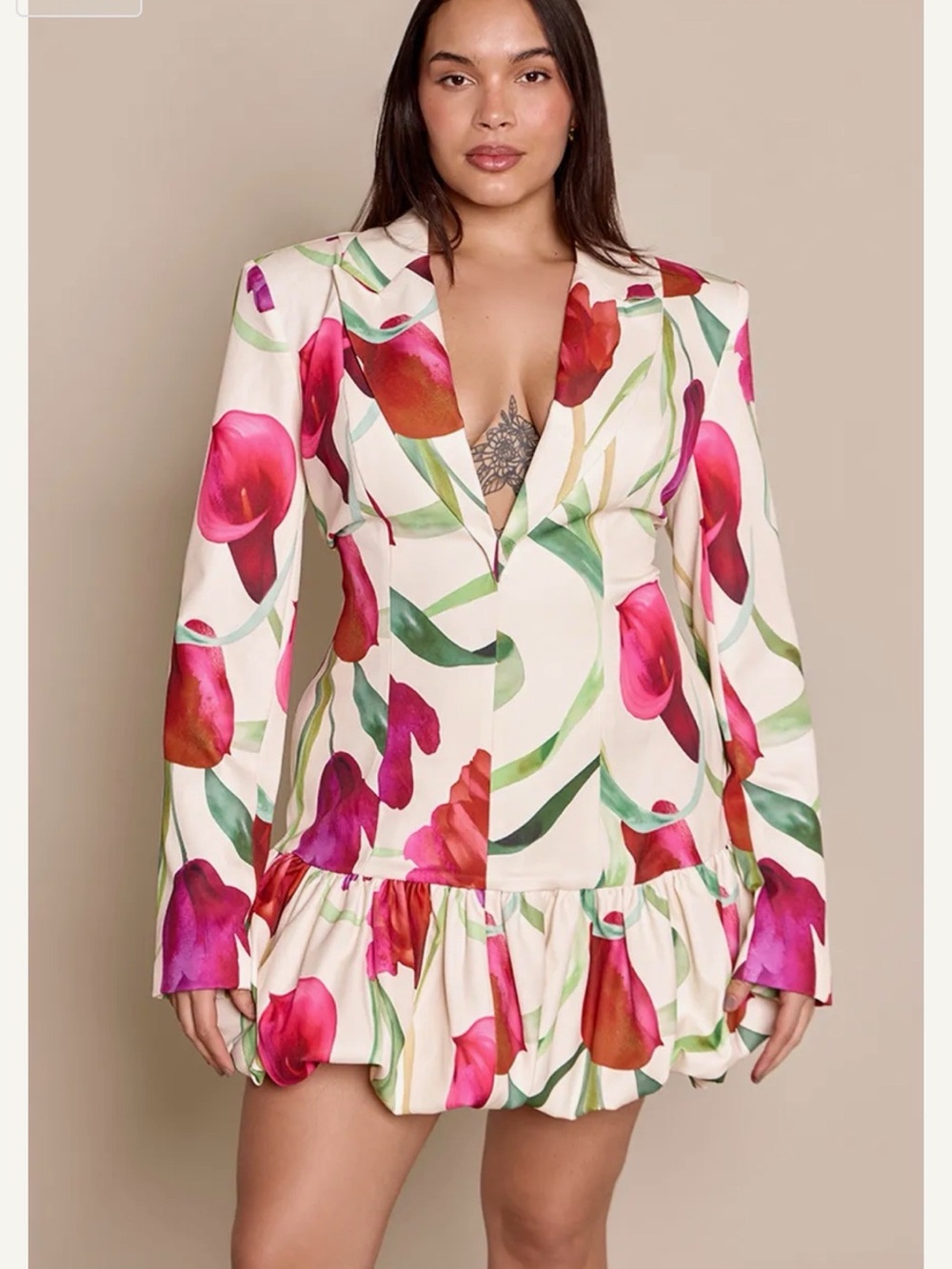 PrettyLittleThing Cream Mini Blazer Dress with Pink & Green Floral Print
